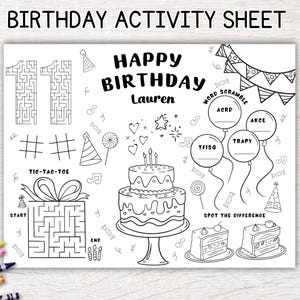 Könnte beinhalten: Schwarz-weiß-Geburtstagsaktivitätsblatt mit dem Text "BIRTHDAY ACTIVITY SHEET" oben. Das Blatt enthält ein Labyrinth, Tic-Tac-Toe, ein Worträtsel und einen Kuchen. Der Text "HAPPY BIRTHDAY Lauren" ist ebenfalls vorhanden.