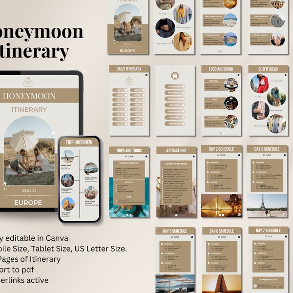 Custom Honeymoon Itinerary Template, Editable Canva template, Honeymoon Trip Planner, Romantic Getaway Itinerary, Digital Travel Itinerary