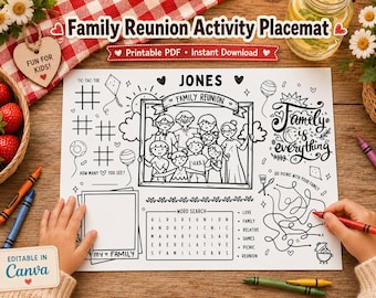 Mantel de actividades editable para reunión familiar, página para colorear para niños, hoja de actividades imprimible para reunión familiar. Apellido de la familia.