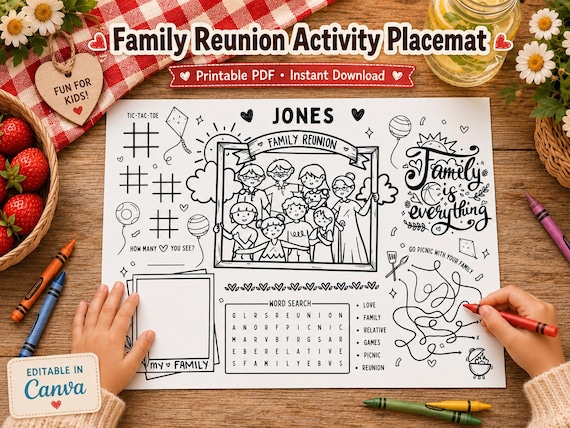 Family Reunion Editable Activity Placemat, Coloring Page Craft for Kids, Family Reunion Activity Printable Family Activity Sheet Family Name