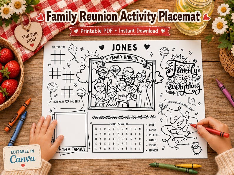 Family Reunion Editable Activity Placemat, Coloring Page Craft for Kids, Family Reunion Activity Printable Family Activity Sheet Family Name image 1