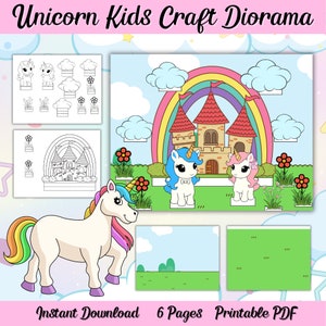 Unicorn Kid&#39;s Diorama Craft Activity, Printable Kids Unicorn Party Diorama Activity, Girl&#39;s Unicorn Themed Birthday Party Craft, Kids Crafts