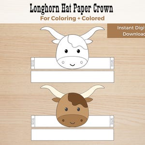 Longhorn Hat Paper Crown Craft, Coloring Cow Paper Craft, Wild West Costume, Animal Paper Crown Longhorn Cow Craft, Cow Birthday Party Favor