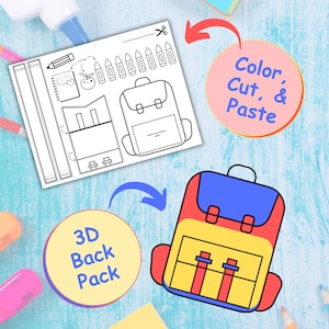 Back to School Kids Craft, Build your own Backpack Craft, 3d Backpack craft for Kids, School Printable, Summer Activity, Teacher Resources