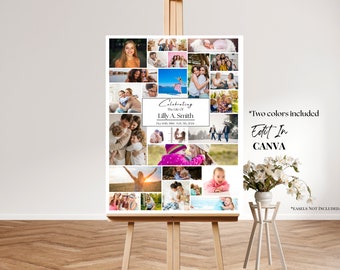 Op de afbeelding: Een rechthoekige fotocollageposter op een houten ezel met talloze candid foto's van mensen. De centrale tekst luidt Celebrating The Life Of Lilly A. Smith, 10 dec. 1984 - 7 feb. 2024. Het ontwerp bevat diverse kleurenfoto's.