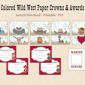 Wild West Paper Crown Bundle, Reward Certificates, Cowboy Sheriff Cowgirl Party Activity, Kids Craft Costume Birthday Favor, Wanted Poster