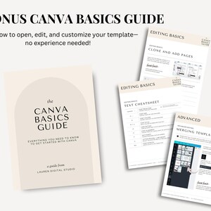 Puede incluir: Un libro beige titulado "The Canva Basics Guide" con el texto "Everything you need to know to get started with Canva." Tambi&eacute;n se incluyen varias p&aacute;ginas con conceptos b&aacute;sicos de edici&oacute;n y plantillas de fusi&oacute;n avanzadas.
