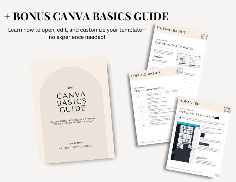 Puede incluir: Un libro beige titulado "The Canva Basics Guide" con el texto "Everything you need to know to get started with Canva." Tambi&eacute;n se incluyen varias p&aacute;ginas con conceptos b&aacute;sicos de edici&oacute;n y plantillas de fusi&oacute;n avanzadas.