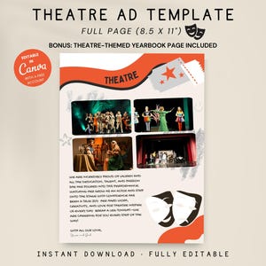 Op de afbeelding: Een theatervoorbeeldsjabloon met het woord 'THEATRE' in grote letters. De advertentie bevat afbeeldingen van toneelvoorstellingen, ticketstubs en theatermaskers. De advertentie is volledig bewerkbaar en direct te downloaden.