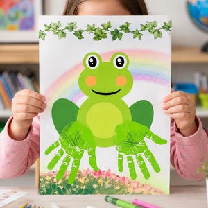 以下が含まれることがあります： 白い紙に描かれた緑色のカエルのイラストで、前足として緑色の手形が2つ貼り付けられています。作品には描かれた虹、上部の緑色のツタの縁取り、そして花が描かれた土台が含まれています。
