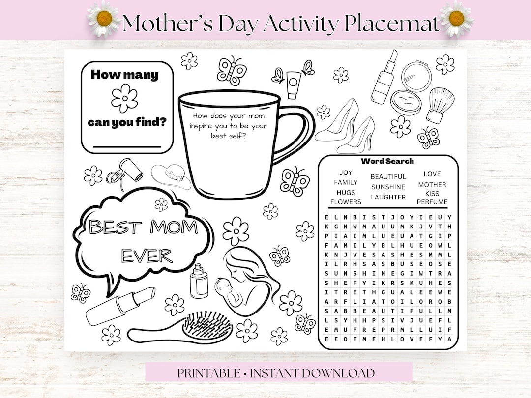 Mothers Day Activity Placemat, Kids Coloring Page Crafts, Mothers Day ...