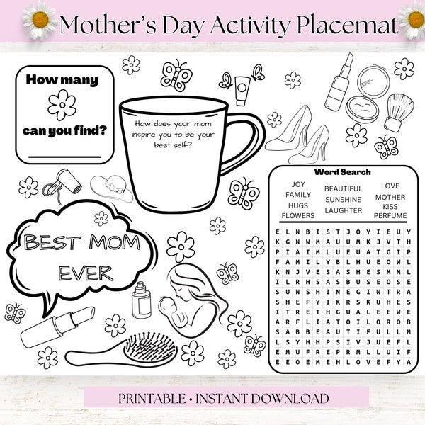 Mother’s Day Activity Placemat, Kids Coloring Page Crafts, Mother’s Day Activities, Kids Activity Sheet, Printable Kids Craft DIY Party Game