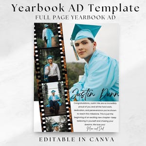Plantilla de anuncio de página completa para anuario de escuela secundaria, tributo de graduación de estudiante de último año, anuncio de anuario escolar, anuncio de graduación editable, collage de fotos