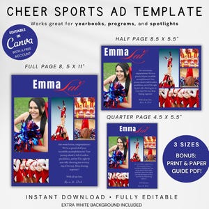 Editable Cheer Yearbook & Program Ad Template, Full Half Quarter Page Cheerleader Senior Graduation Sports Photo Tribute