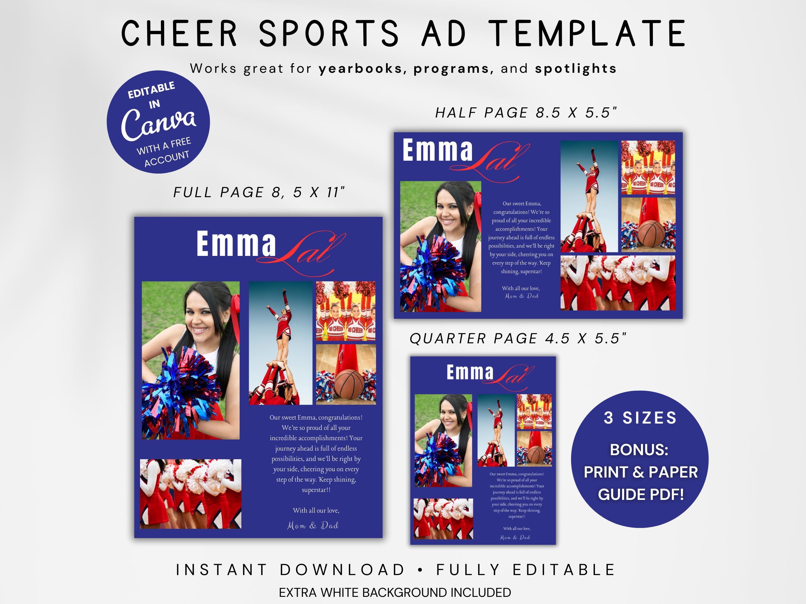 Editable Cheer Yearbook & Program Ad Template, Full Half Quarter Page ...