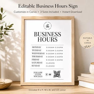 Business Hours Sign Editable Template, Printable Small Business Sign, Store Hours Sign Hours of Operation Holiday Shop Hours Sign, DIY Canva