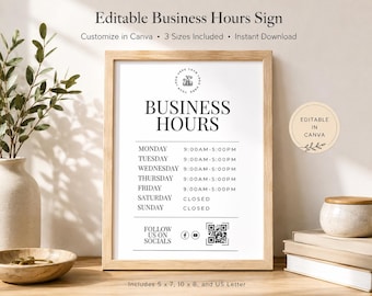 Business Hours Sign Editable Template, Printable Small Business Sign, Store Hours Sign Hours of Operation Holiday Shop Hours Sign, DIY Canva