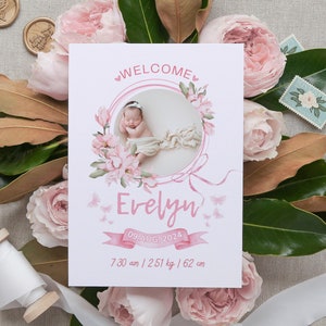 Modèle photo modifiable pour faire-part de naissance, carte florale cadre photo minimaliste pour nouveau-né faire-part de bienvenue de bébé carte imprimable pour nouveau-né