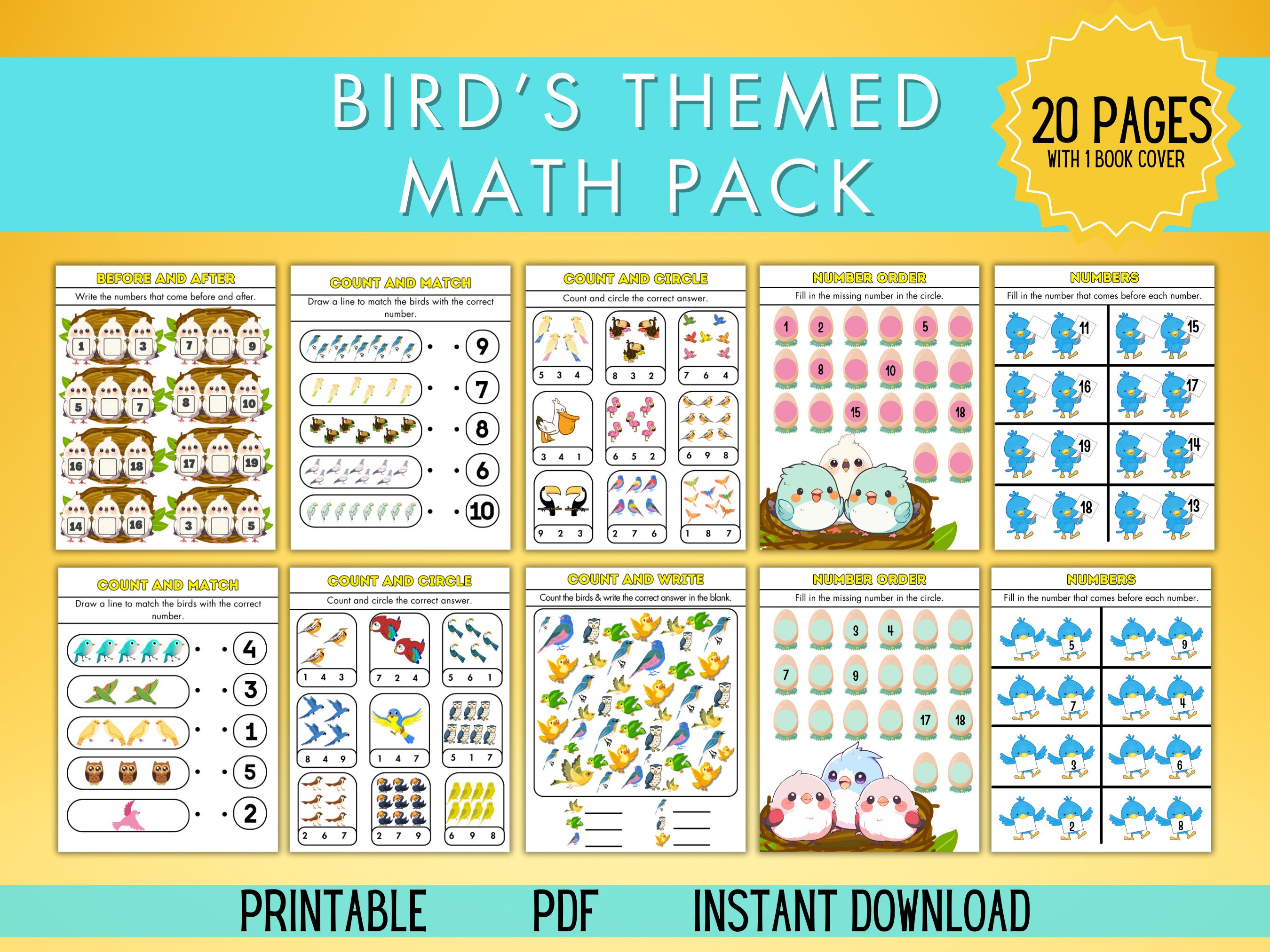 Bird Themed Math Workbook, Math Worksheet for Kids Printable, Preschool