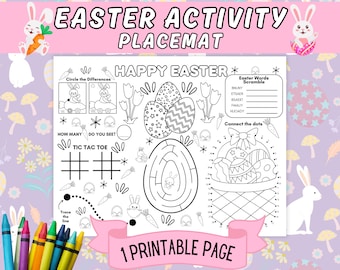 Printable Easter Activity Placemat, Kids Coloring Page, Classroom Game, Easter Craft Sheet