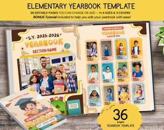 Plantilla de anuario de primaria, anuario editable en Canva, libro de recuerdos escolares, libro de fin de curso, anuario escolar imprimible, anuario de graduación