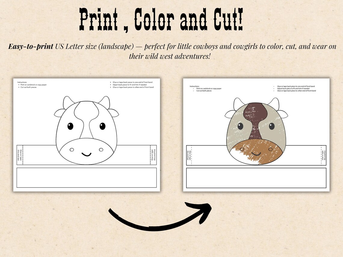 Cow Paper Hat Crown Craft, Cow Coloring Craft Paper Crown Template ...