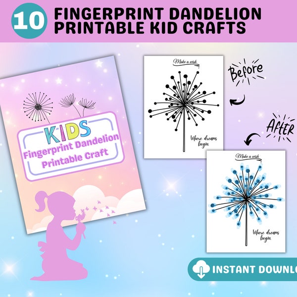 Fingerprint Dandelion Art Craft Bundle Fingerprint Art Keepsake DIY Craft for Kids Thumbprint Art, Preschool Printable Fingerprint Art Craft