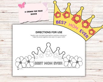 Mother&#39;s Day Paper Crown Template, Best Mom Ever Paper Crown, Mom Birthday Party Headband Coloring, Printable Kids Craft, Gift for Mom Favor
