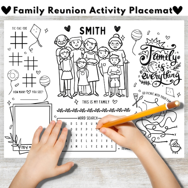 Family Reunion Editable Activity Placemat, Coloring Page Craft for Kids, Family Reunion Activity Printable Family Activity Sheet Family Name