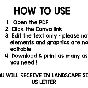 Puede incluir: Texto negro sobre fondo blanco que explica c&oacute;mo utilizar un producto digital. El texto &laquo;C&Oacute;MO USAR&raquo; va seguido de pasos numerados: abrir el PDF, hacer clic en el enlace de Canva, editar el texto y descargar. El texto tambi&eacute;n indica que el producto es de tama&ntilde;o horizontal US Letter.