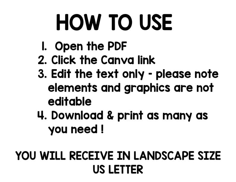 Puede incluir: Texto negro sobre fondo blanco que explica c&oacute;mo utilizar un producto digital. El texto &laquo;C&Oacute;MO USAR&raquo; va seguido de pasos numerados: abrir el PDF, hacer clic en el enlace de Canva, editar el texto y descargar. El texto tambi&eacute;n indica que el producto es de tama&ntilde;o horizontal US Letter.