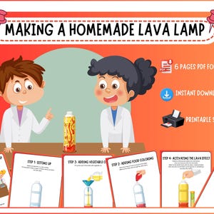 以下が含まれることがあります： 自家製溶岩ランプ実験のイラスト。 白衣を着た2人の漫画の子供たちが、溶岩ランプのあるテーブルのそばに立っています。 画像には手順とテキスト「MAKING A HOMEMADE LAVA LAMP」が含まれています。
