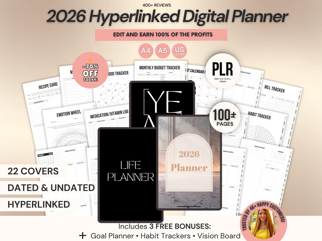 2026 Hyperlinked Digital Planner Bundle PLR, Canva A4 A5 US Letter ...