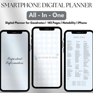 Può includere: Tre schermate di un'app di pianificatore digitale per iPhone. La prima schermata mostra la pagina "Informazioni importanti", la seconda schermata mostra la pagina del titolo "Pianificatore tutto in uno" e la terza schermata mostra la "Pagina indice" con un elenco di categorie.