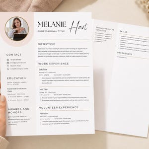 May include: A two-page resume template featuring a clean white layout with black text, a circular photo placeholder, and sections for contact, education, work experience, volunteer experience, skills, and references with placeholders for text.