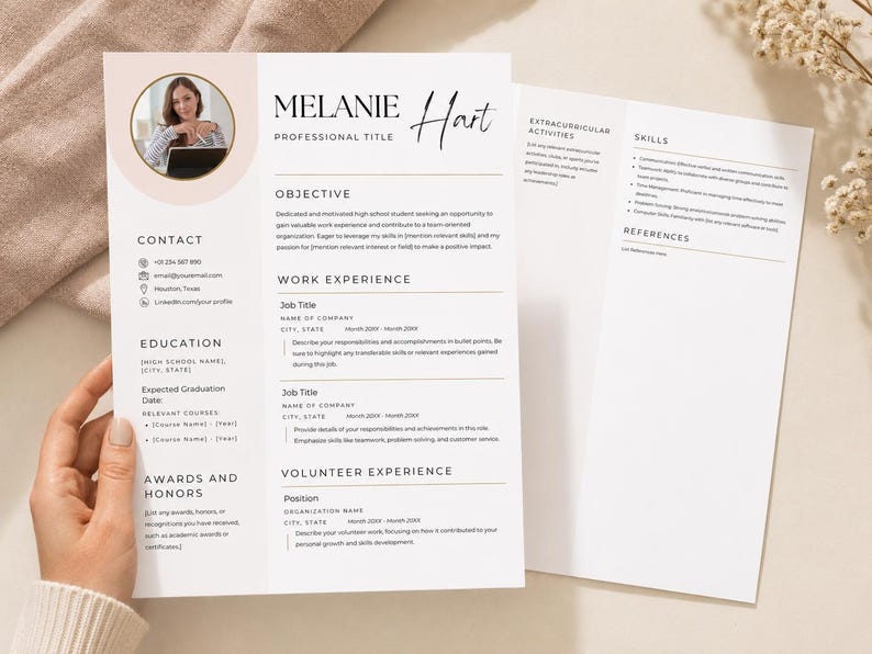 May include: A two-page resume template featuring a clean white layout with black text, a circular photo placeholder, and sections for contact, education, work experience, volunteer experience, skills, and references with placeholders for text.