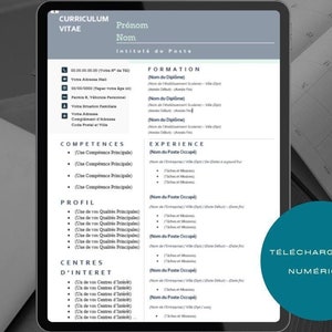 May include: A digital screen displaying a curriculum vitae template in French. The template includes sections for personal information, education, experience, skills, and interests. The screen is on a table with a calendar in the background.