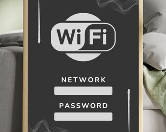 Digitale poster "Wifi-wachtwoord", in bestanden: 1 PDF en 1 JPG (300 dpi) + 1 bewerkbare sjabloon (gratis) op Canva (pakket in het Engels)