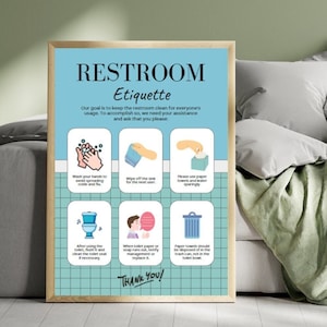 Toilet Rules Digital Poster, A3, in JPG File + Toilet Rules Poster Template Editable on Canva (ENGLISH PACK x 2)
