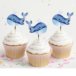 Whale Toppers, Baby Whale Cupcake Toppers, Baby Calf 12 Double Sided