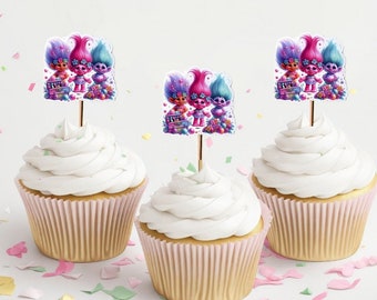 Retro cupcaketoppers met trollen: dubbelzijdig feestdecor