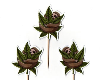 Sloth Marijuana Leaf Cupcake Toppers, Double Sided (12)