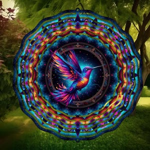 Neon Hummingbird Wind Spinner, Hummingbird, Outdoor Decor, Yard Art, Wind Spinner, Stained Glass Spinner