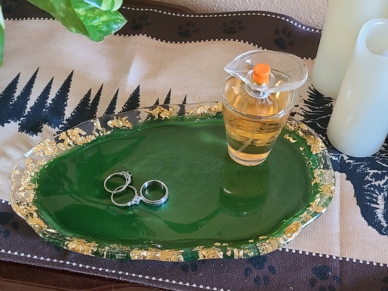 Handmade Jade Green and Gold Leaf Tray, Resin Tray, Jewelry Tray, Resin Vanity Tray, Perfume
