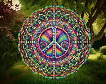 Op de afbeelding: Een levendig, psychedelisch mandala-ontwerp met een vredessymbool in het midden. Het kunstwerk toont een spectrum aan kleuren, waaronder roze, blauw, groen en geel, met ingewikkelde patronen. De achtergrond is een wazige afbeelding van een weelderige groene tuin.