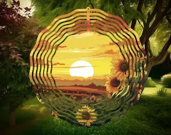 Molino de viento metálico con diseño de girasol y puesta de sol: arte para exteriores