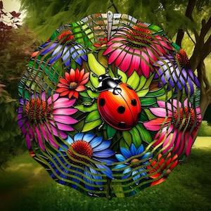 Ladybug Wind Spinner, Ladybug and flower, Outdoor Decor, Yard Art, Wind Spinner, Ladybug Spinner