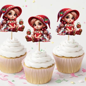 Strawberry Kid Toppers, Strawberry Girl Cupcake Toppers. Character Cupcake Toppers 12 Double Sided