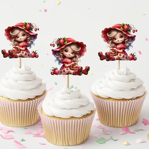 Strawberry Kid Toppers, Strawberry Girl Cupcake Toppers. Character Cupcake Toppers 12 Double Sided