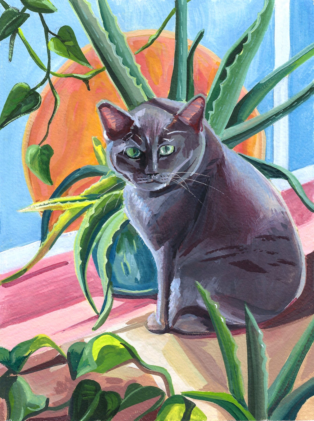 Cat Art Print Plants With Gray Tabby Cat Art Cute Art Decor Whimsical